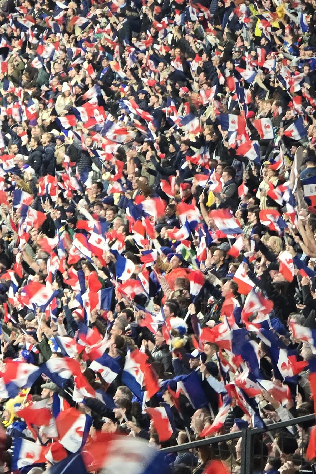 Un soir de match, une tribune de stade pleine de supporters du XV de France qui agitent une marée de petits drapeaux tricolores.
